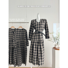 批发夏诗文 复古抽褶设计感V领<b class='q'>格子</b>宽松<b class='q'>连衣裙</b>女秋艺术感格纹度假长裙