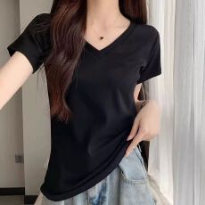 批发美式灰色百搭短袖T恤女2026夏季设计感小众修身<b class='q'>打底衫</b>v领正肩上衣