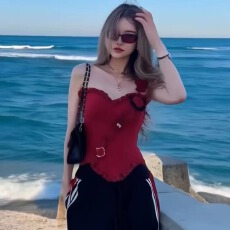 批发美式辣妹蕾丝花朵鱼骨吊带背心女<b class='q'>夏</b>季设计感性感收腰显瘦抹胸上衣