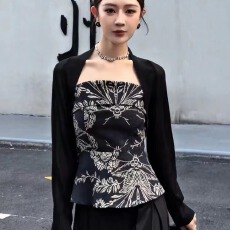 批发新中式中国风黑色印花抹胸上衣外穿<b class='q'>夏</b>季无袖上衣修身收腰辣妹背心