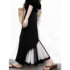批发高端定制黑色纱网拼接大码半身裙女2025冬季新款加厚不对称A字裙