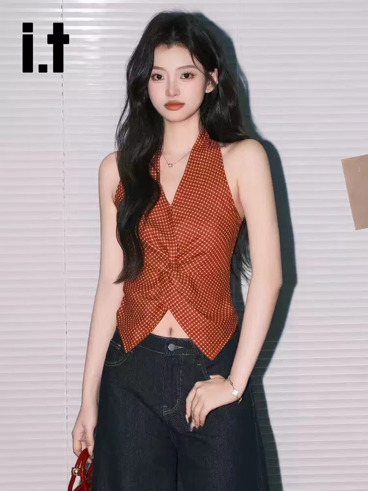 항구 바람 레트로 빨간색 그리드 행침 목 조끼 여성 휴가 바람 허리 수축 V넥 민소매 작은 셔츠 맨위