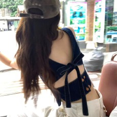批发荒荒家绑带<b class='q'>牛仔</b>背心2026新款薄款深蓝色纯欲打底修身马甲外穿女夏