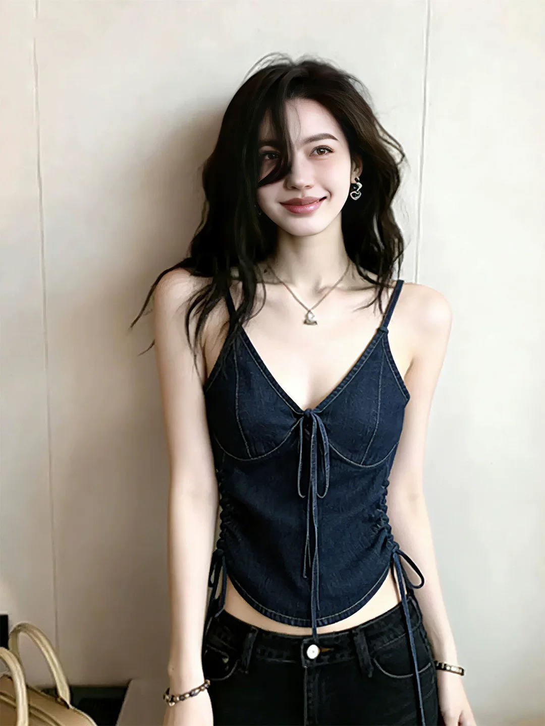 파란색 데님 슬립 맨위 여성 2026 봄 품격 고급 센스 세련된 외국 가스 자이언트 잘 생긴 레이스업 조끼