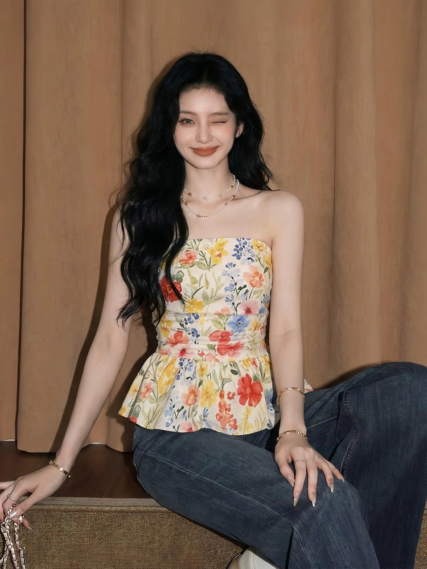 꽃무늬 튜브탑 퍼프 캐미솔 여름 도파민 태국 사람 스타일 고유 한 아름다운 해변가 외출용 꽃밭 작은 맨위