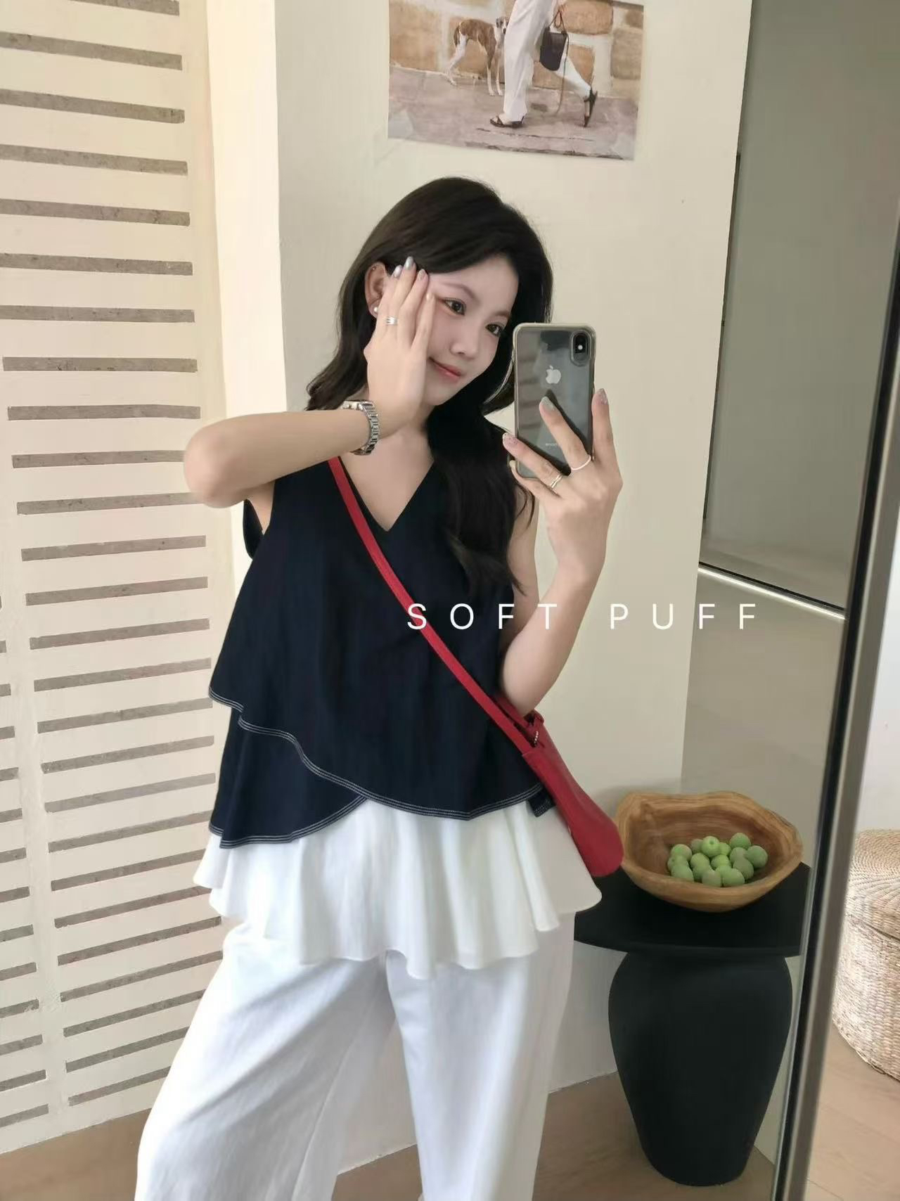 softpuff 한 부서 외국 가스 불규칙 배색 패치워크 프릴 V넥 민소매 셔츠 여름 미니멀리즘 맨위