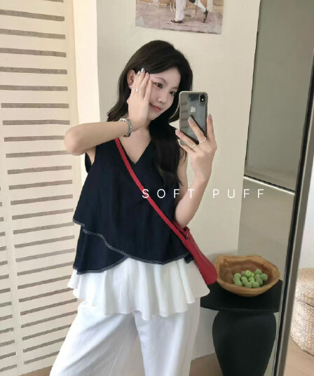 softpuff 한 부서 외국 가스 불규칙 배색 패치워크 프릴 V넥 민소매 셔츠 여름 미니멀리즘 맨위