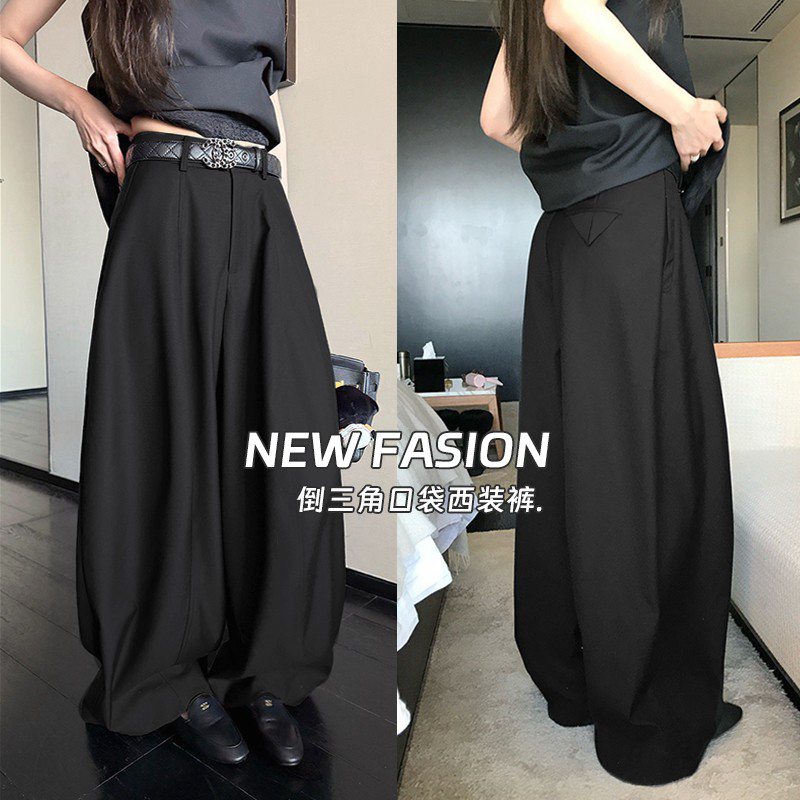 빵 studio 붓다 삼각형 주머니 디자인 정장 바지 여성 도루 센스 오래된 돈 바람 하이웨이스트 루즈핏 슬림해 보이는 풍선 바지