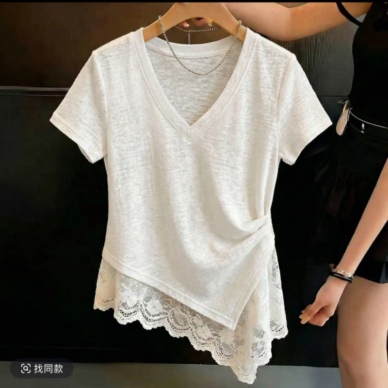 카드 연꽃 그리드 브랜드 여성 눈꽃 면 밑단 레이스 조각 반팔 티셔츠 여성 여름 아름다운 아름다운 켜기