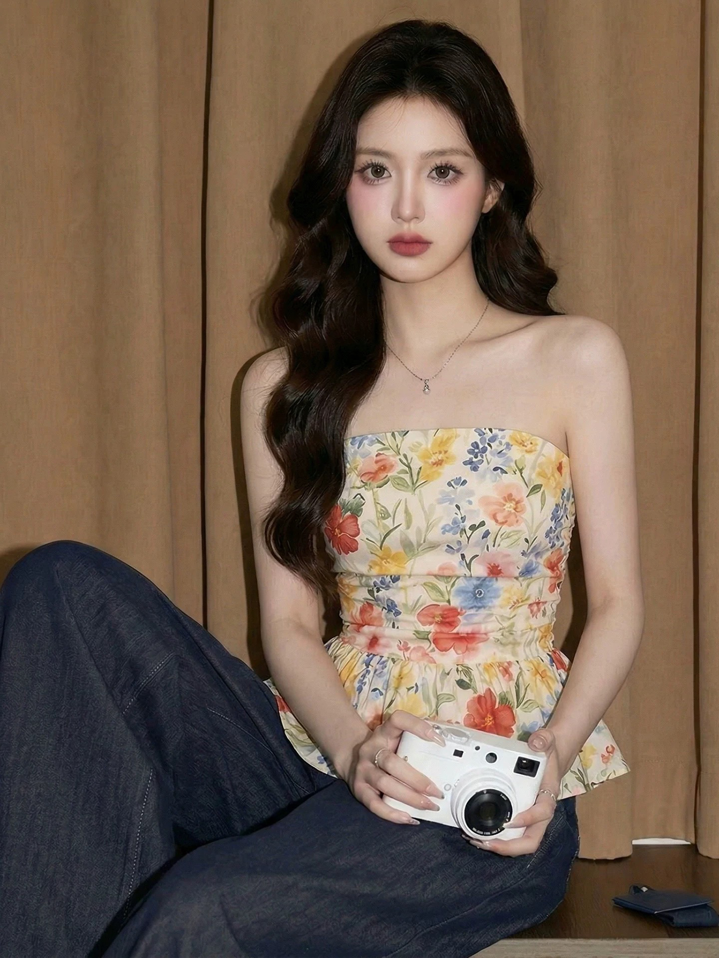 꽃무늬 튜브탑 퍼프 캐미솔 여름 도파민 태국 사람 스타일 고유 한 아름다운 해변가 외출용 꽃밭 작은 맨위