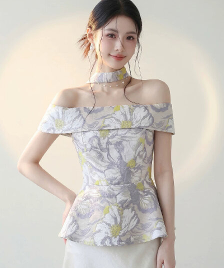 xzldhy 보라색 달콤한 스타일 오프숄더 리본 프린트 민소매 조끼 여성 여름 허리 수축 슬림해 보이는 품격 맨위