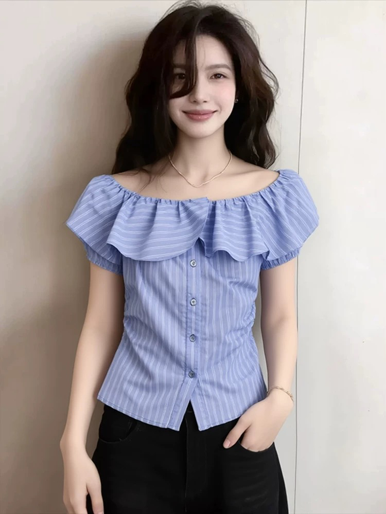 프랑스식 다용도 오프숄더 레이스 칼라 여성 셔츠 여름 2026 새로운 외국 가스 연령 감소 반팔 작은 키 셔츠
