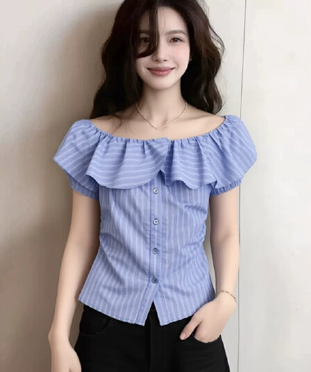 프랑스식 다용도 오프숄더 레이스 칼라 여성 셔츠 여름 2026 새로운 외국 가스 연령 감소 반팔 작은 키 셔츠