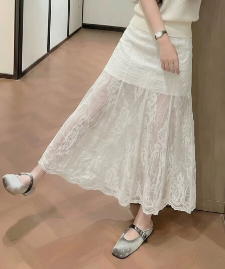 화이트 레이스 조각 자수 반신 스커트 여성 여름 디자인 센스 하이웨이스트 A라인 스커트 몸매 가꾸기 빅 사이즈 타이트 스커트 거즈 스커트
