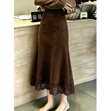 批发秋装女2026新款深棕色高腰显瘦大码优雅轻熟风蕾丝边A字<b class='q'>半身裙</b>子