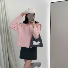 批发小财神新款蕾丝边甜美大翻领海军领学院风毛衣外套高品质女