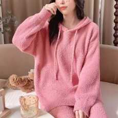 批发家居服软棉绵绵睡衣秋<b class='q'>冬</b>加厚保暖甜美纯色连帽针织毛线绒套装