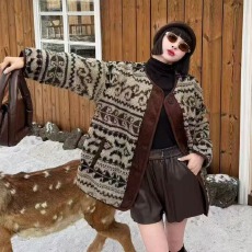 批发冬季美式复古拼接腰果花羊羔毛棉衣加厚棉服外套女潮