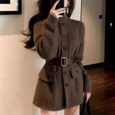 批发出席重要场合的裙子小个子气质收腰小香风立领咖色针织<b class='q'>连衣裙</b>女冬