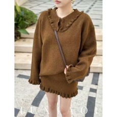 批发韩系慵懒风毛衣套装女秋冬新款灰色翻领针织上衣高腰