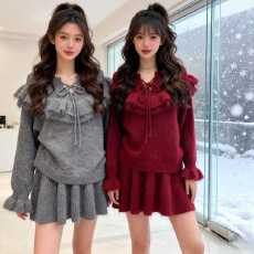 批发冬装韩系穿搭一整套针织套头荷叶边系带毛衣短裙套装减龄两件套