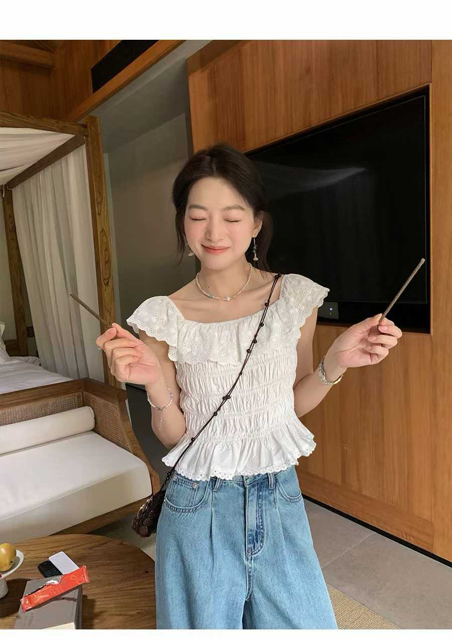 프랑스식 프릴 칼라 자수 명중 가져 가라. 작은 셔츠 여성 여름 수 있습니다. 둘 착용 쇼트 스타일 맨위
