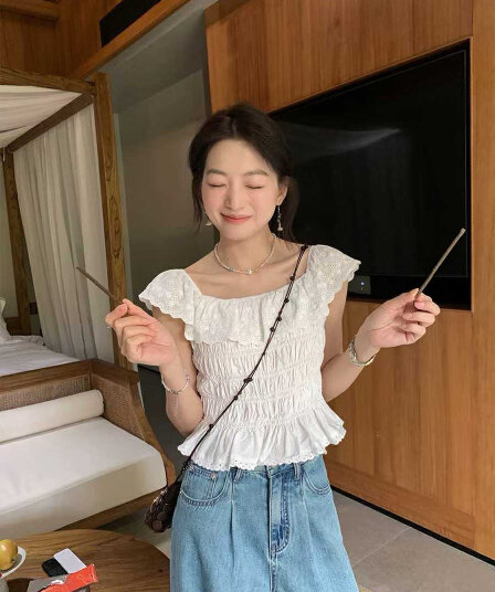 프랑스식 프릴 칼라 자수 명중 가져 가라. 작은 셔츠 여성 여름 수 있습니다. 둘 착용 쇼트 스타일 맨위