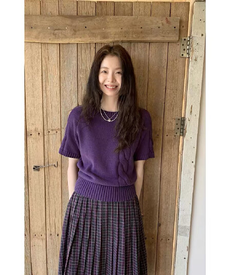 정가 재고 있음 한 부서 부드러운 바람 보라색 부드러운 찹쌀 니트 스웨터 스웨터 다용도 체크무늬 캐주얼 와이드 레그 팬츠 세트
