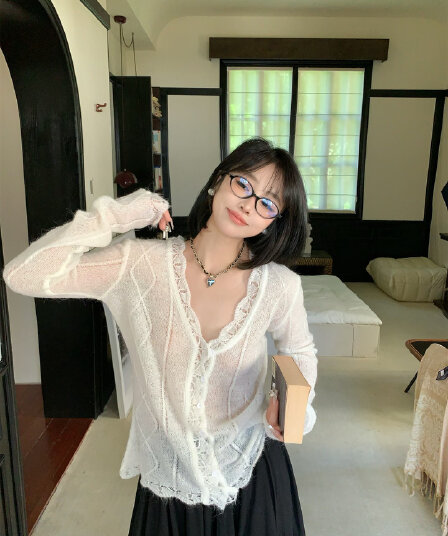 한국 스타일 레이스 니트 스웨터 여성 가을 겨울 새로운 허리 수축 표지 고기 인사이드 가져 가라. 긴팔 V넥 맨위 작은 대중 출퇴근 캐주얼