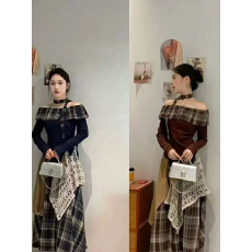 批发西米亚复古一字格子长袖套装学生秋季上衣新款两件半身裙两件套