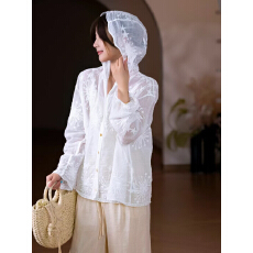 批发<b class='q'>韩版</b>度假风新款宽松百搭个性设计感连帽刺绣钩花长袖衬衫上衣女