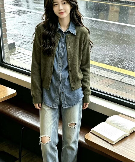 유럽 상품 정품 폴로 칼라 셔츠 패치워크 데님 싱글 줄 버튼 페이크 레이어드 니트 스웨터 여성 가을 겨울 새로운