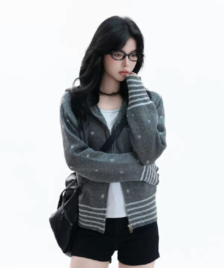 한 부서 연령 감소 부드러운 바람 배색 도트 무늬 니트 오픈 가디건 가을 느긋한 센스 후드 스웨터