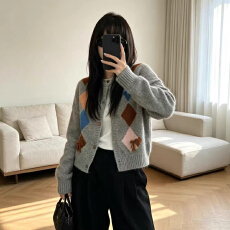 批发复古菱格纹针织开衫女<b class='q'>秋</b>冬毛衣外套学院风高级感小个子撞色上衣潮