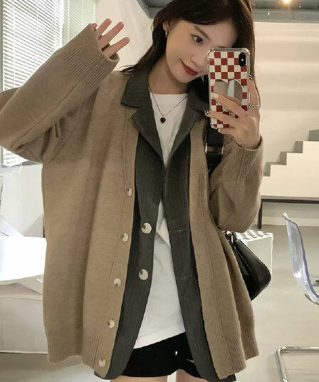 한 부서 느긋한 바람 패치워크 페이크 레이어드 니트 오픈 가디건 맨위 여성 가을 고급 센스 와이드 부드러운 찹쌀 스웨터 코트