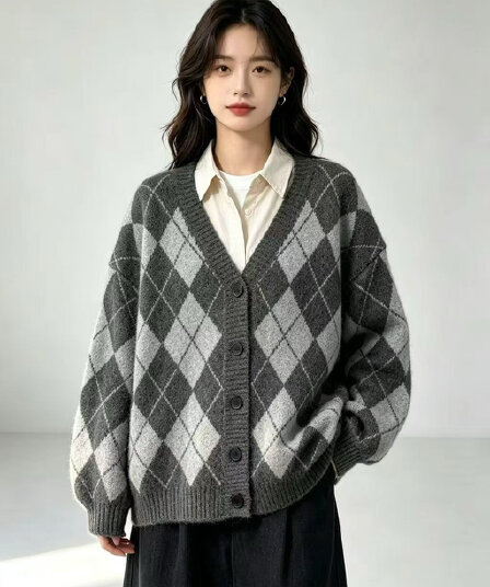 프랑스식 레트로 링 그리드 스웨터 여성 코트 가을 겨울 와이드 부드러운 찹쌀 chic 바람 니트 오픈 가디건