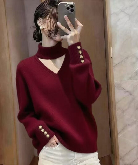 고급 센스 행침 목 와인 레드 V넥 긍정적 인 어깨 스웨터 여자 2026 가을 새로운 빅 사이즈 지방 mm 기본 셔츠 맨위