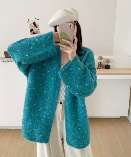 한 부서 레트로 연인 바람 도트 무늬 디자인 센스 스웨터 여자 V넥 루즈핏 품격 니트 재킷 패션 다용도