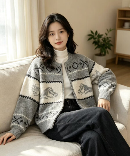 공정한 섬 바람 자카드 산양 캐시미어 오픈 가디건 여성 라운드 넥 양모 니트 재킷 느긋한 바람 스웨터