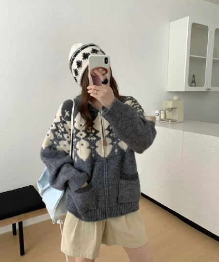 높은 품질 부모와 자식 섹션 공정한 섬 양모 자카드 니트 오픈 가디건 와이드 부드러운 찹쌀 연령 감소 긴팔 스웨터 코트