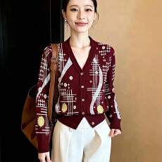 批发秋冬款V领提花休闲羊毛开衫女拼色宽松长袖显瘦百搭<b class='q'>针织</b>外套上衣