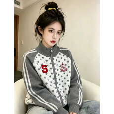 批发美式复古波点贴布绣开衫<b class='q'>毛衣</b><b class='q'>女</b>秋季新款宽松拼色插肩袖针织外套潮