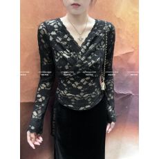 批发ACHI交叉V领提花蕾丝加绒衫女纯欲性感修身显瘦<b class='q'>长袖</b>打底衫上衣