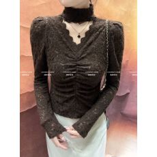 批发加绒挂脖蕾丝褶皱复古打底衫