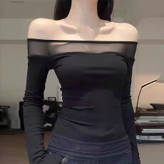 批发纯欲风长袖<b class='q'>T</b><b class='q'>恤</b>女早秋季2026新款chic一字肩网纱内搭打底纯色上衣