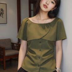 夏季新款时尚女装高级设计感格子一字肩荷叶边短袖气质衬衫潮