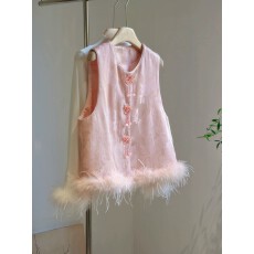 批发粉色减龄新中式国风马甲女夹棉日常仙气少女感鸵鸟毛年轻背心外穿