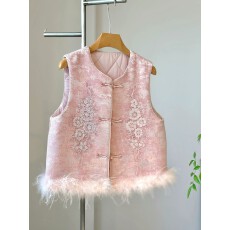 批发绝美粉色新中式夹棉刺绣马甲秋冬盘扣外穿真毛鸵鸟毛高端国风背心