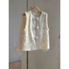 批发真水貂毛马甲女年轻款洋气米杏色圆领外穿<b class='q'>背心</b>高级感马夹棉新中式