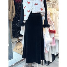 批发2025黑色高腰丝绒半身<b class='q'>裙</b>女气质光泽感大摆长款<b class='q'>伞</b><b class='q'>裙</b>